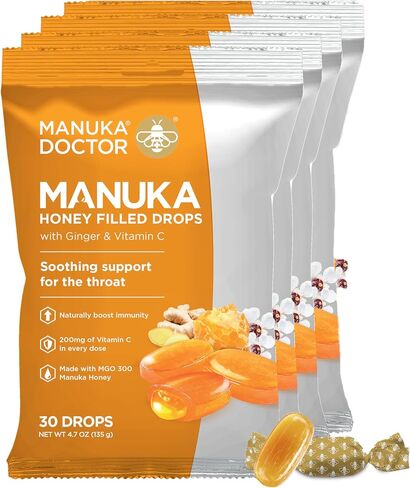 Manuka Doctor Cough Drops, Manuka Middles, 2 x 30 Drops (60 Count Family Pack) Throat Lozenges Infused with Raw Manuka Honey, Vitamin C & Ginger for Immune Support, Helps Soothe Sore Throat, 4.7 oz in Saudi Arabia