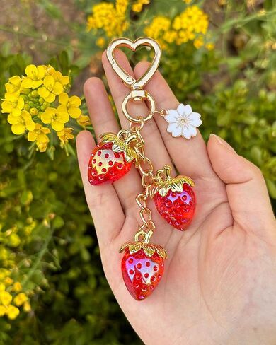 Strawberry Keychain with Flower, Cute Bag Charm for Women Girls, Kawaii Fruit Pendant for Purse, Handbags, Car, or Keys in Saudi Arabia