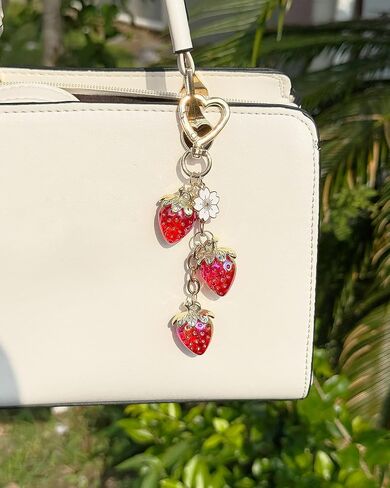 Strawberry Keychain with Flower, Cute Bag Charm for Women Girls, Kawaii Fruit Pendant for Purse, Handbags, Car, or Keys in Saudi Arabia