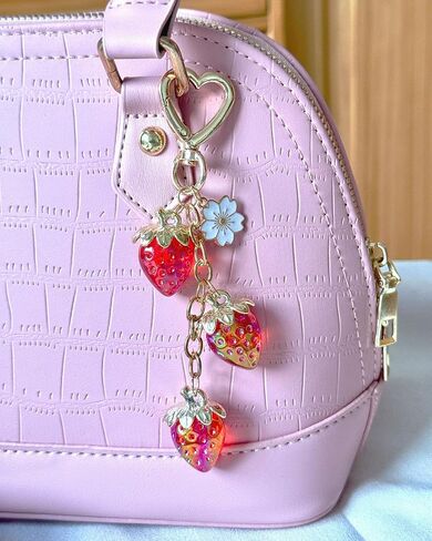 Strawberry Keychain with Flower, Cute Bag Charm for Women Girls, Kawaii Fruit Pendant for Purse, Handbags, Car, or Keys in Saudi Arabia