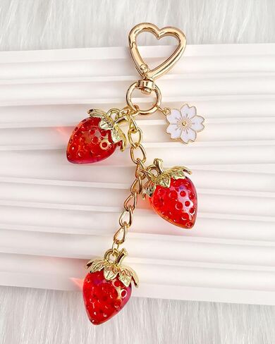 Strawberry Keychain with Flower, Cute Bag Charm for Women Girls, Kawaii Fruit Pendant for Purse, Handbags, Car, or Keys in Saudi Arabia