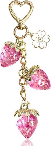 Strawberry Keychain with Flower, Cute Bag Charm for Women Girls, Kawaii Fruit Pendant for Purse, Handbags, Car, or Keys in Saudi Arabia