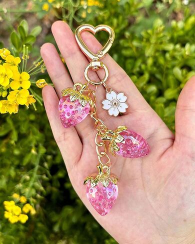 Strawberry Keychain with Flower, Cute Bag Charm for Women Girls, Kawaii Fruit Pendant for Purse, Handbags, Car, or Keys in Saudi Arabia