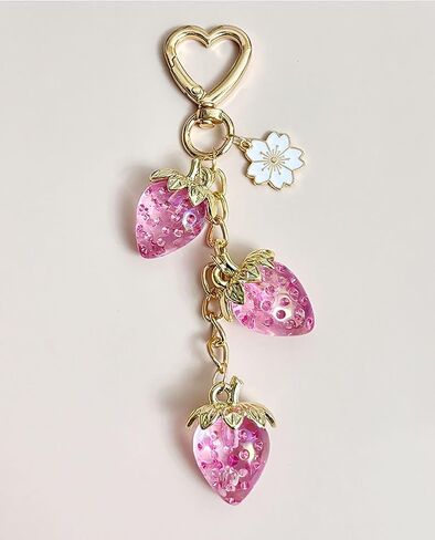 Strawberry Keychain with Flower, Cute Bag Charm for Women Girls, Kawaii Fruit Pendant for Purse, Handbags, Car, or Keys in Saudi Arabia