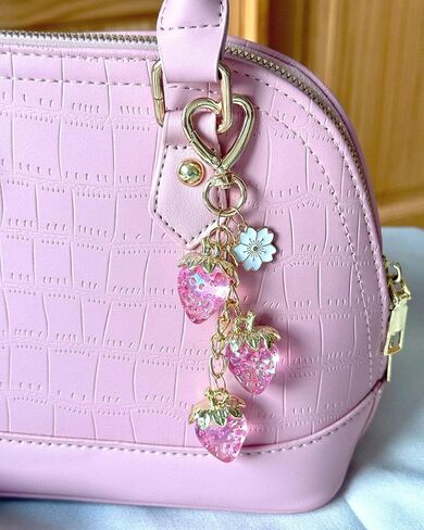 Strawberry Keychain with Flower, Cute Bag Charm for Women Girls, Kawaii Fruit Pendant for Purse, Handbags, Car, or Keys in Saudi Arabia