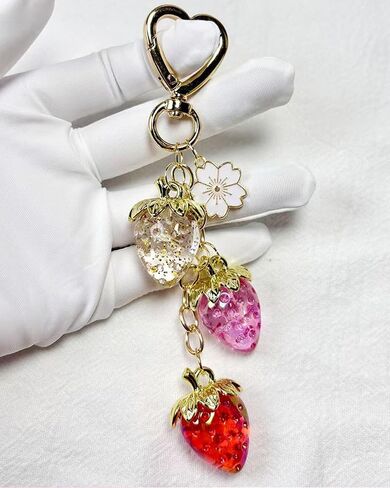 Strawberry Keychain with Flower, Cute Bag Charm for Women Girls, Kawaii Fruit Pendant for Purse, Handbags, Car, or Keys in Saudi Arabia