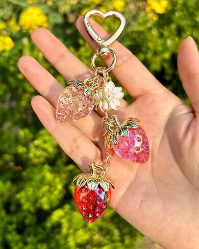 Strawberry Keychain with Flower, Cute Bag Charm for Women Girls, Kawaii Fruit Pendant for Purse, Handbags, Car, or Keys in Saudi Arabia