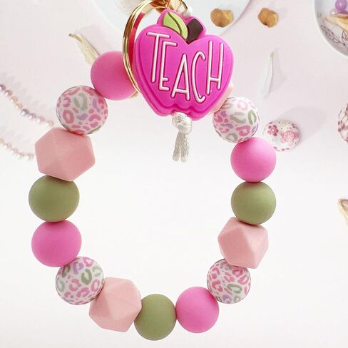 Wristlet Bracelet Keychain for Teacher's Day, Apple TEACH Silicone Beaded Keychain for Teacher,Gift from Student in Kuwait