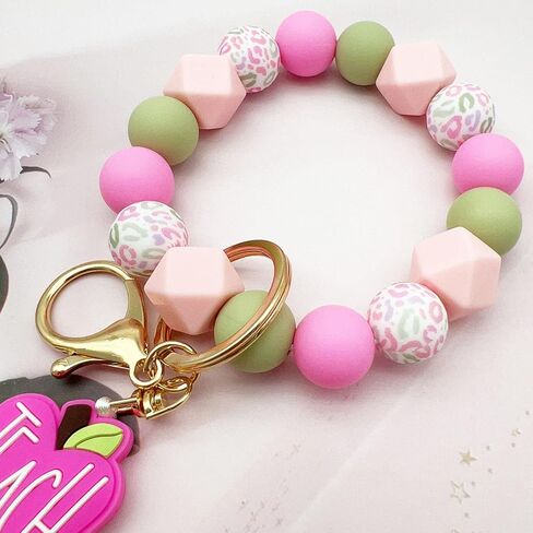 Wristlet Bracelet Keychain for Teacher's Day, Apple TEACH Silicone Beaded Keychain for Teacher,Gift from Student in Kuwait
