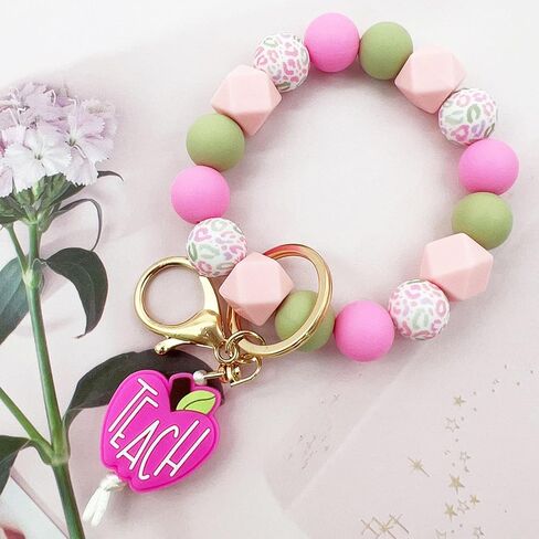 Wristlet Bracelet Keychain for Teacher's Day, Apple TEACH Silicone Beaded Keychain for Teacher,Gift from Student in Kuwait