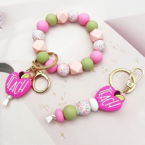 Wristlet Bracelet Keychain for Teacher's Day, Apple TEACH Silicone Beaded Keychain for Teacher,Gift from Student in Kuwait