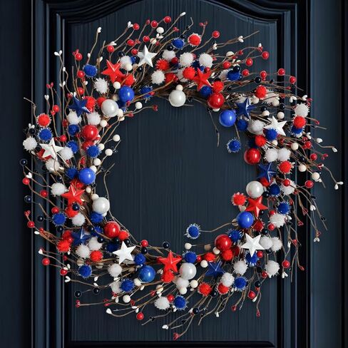 22-inch Front Door July 4th Wreath Patriotic red White Blue Flashing Ball Berry Star Decorative Wreath Independence Day Wreaths Memorial Day Decoration Indoor Outdoor Office Decoration in Saudi Arabia