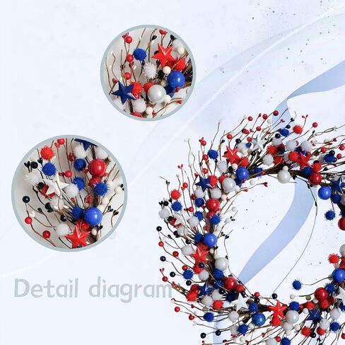 22-inch Front Door July 4th Wreath Patriotic red White Blue Flashing Ball Berry Star Decorative Wreath Independence Day Wreaths Memorial Day Decoration Indoor Outdoor Office Decoration in Saudi Arabia