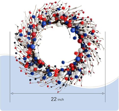 22-inch Front Door July 4th Wreath Patriotic red White Blue Flashing Ball Berry Star Decorative Wreath Independence Day Wreaths Memorial Day Decoration Indoor Outdoor Office Decoration in Saudi Arabia