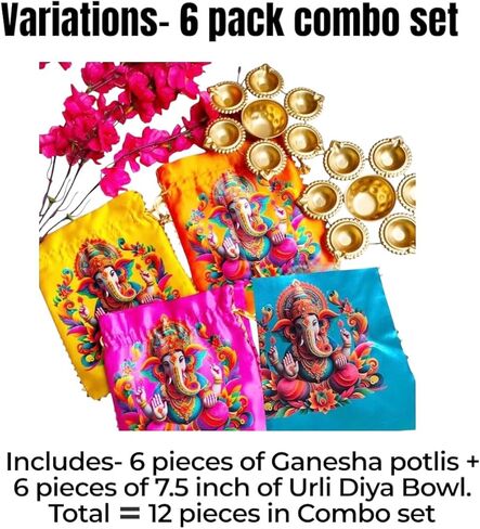 عبوة من 5 قطع من Pichwai Potlis مطبوعة من Ganesha مع وعاء Diya Urli الذهبي (7.5 بوصة) | هدايا العودة الهندية | ثامبولام هالدي كومكوم هدية العودة | هدايا ديوالي | هدايا حفل الزفاف لبيت جديد in Saudi Arabia