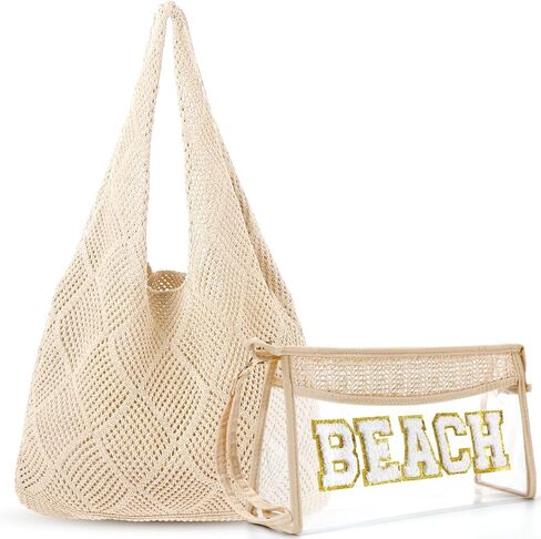 Aliceset 2 Pack Crochet Mesh Beach Tote Bag with Letter Patch Pocket Summer Beach Tote Bohemian Straw Transparent Bag in Kuwait