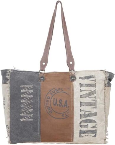 Myra Bag Chimera Vintage Purse - Large Leather and Canvas Purses for Women, Brown, Gray, and Ivory Vintage Patchwork Design, Weekender Shoulder Bag, Large Side Bags for Women in Saudi Arabia