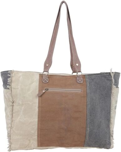Myra Bag Chimera Vintage Purse - Large Leather and Canvas Purses for Women, Brown, Gray, and Ivory Vintage Patchwork Design, Weekender Shoulder Bag, Large Side Bags for Women in Saudi Arabia