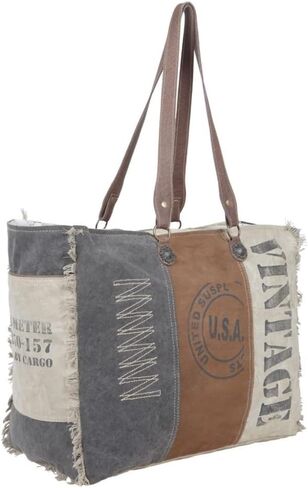Myra Bag Chimera Vintage Purse - Large Leather and Canvas Purses for Women, Brown, Gray, and Ivory Vintage Patchwork Design, Weekender Shoulder Bag, Large Side Bags for Women in Saudi Arabia