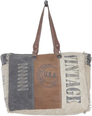 Myra Bag Chimera Vintage Purse - Large Leather and Canvas Purses for Women, Brown, Gray, and Ivory Vintage Patchwork Design, Weekender Shoulder Bag, Large Side Bags for Women in Saudi Arabia