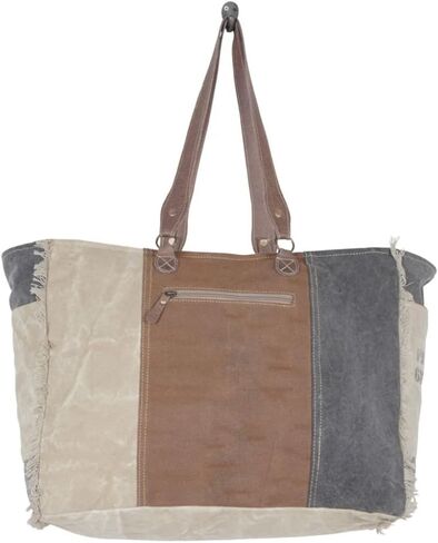 Myra Bag Chimera Vintage Purse - Large Leather and Canvas Purses for Women, Brown, Gray, and Ivory Vintage Patchwork Design, Weekender Shoulder Bag, Large Side Bags for Women in Saudi Arabia