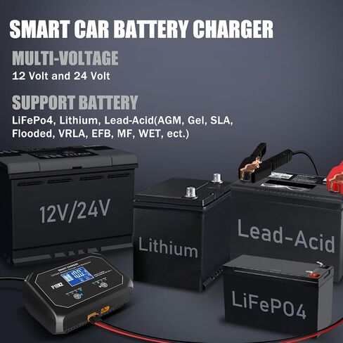Car Battery Charger 35 Amp, 6V/12V/24V Smart Automotive Battery Charger, Battery Maintainer, Trickle Charger for Lead-Acid, Lithium, LiFePo4 Battery, Car, Motorcycle, Boat(Black) in Saudi Arabia