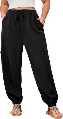 SOLY HUX Women's Plus Size High Waist Cargo Pants Casual Loose Baggy Jogger Pants Trousers Pockets in Kuwait