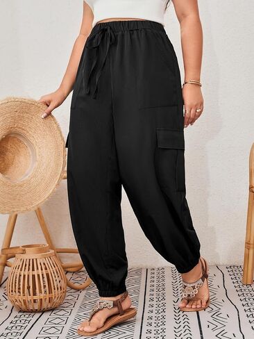 SOLY HUX Women's Plus Size High Waist Cargo Pants Casual Loose Baggy Jogger Pants Trousers Pockets in Kuwait