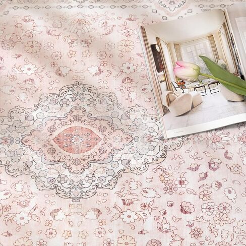 Pink Rug 3x5 for Bedroom, Washable Area Rug for Living Room Dining Room Entryway, Non Slip Vintage Boho Rug for Kitchen, Soft Low Pile Stain Resistant Floor Carpet Indoor in Saudi Arabia