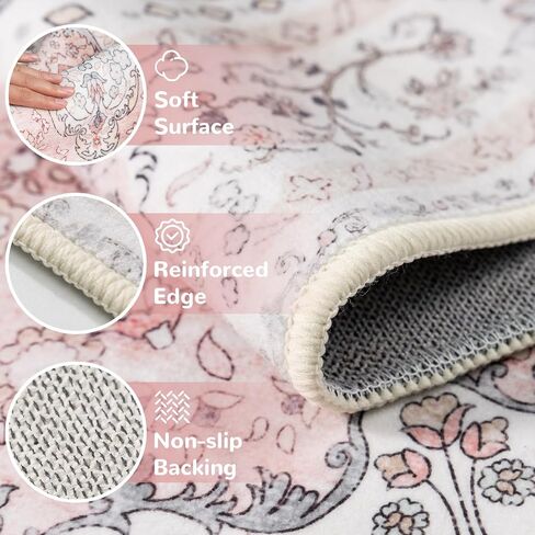Pink Rug 3x5 for Bedroom, Washable Area Rug for Living Room Dining Room Entryway, Non Slip Vintage Boho Rug for Kitchen, Soft Low Pile Stain Resistant Floor Carpet Indoor in Saudi Arabia