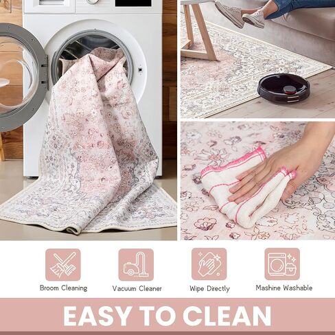 Pink Rug 3x5 for Bedroom, Washable Area Rug for Living Room Dining Room Entryway, Non Slip Vintage Boho Rug for Kitchen, Soft Low Pile Stain Resistant Floor Carpet Indoor in Saudi Arabia