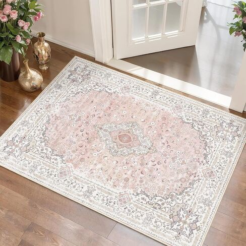 Pink Rug 3x5 for Bedroom, Washable Area Rug for Living Room Dining Room Entryway, Non Slip Vintage Boho Rug for Kitchen, Soft Low Pile Stain Resistant Floor Carpet Indoor in Saudi Arabia