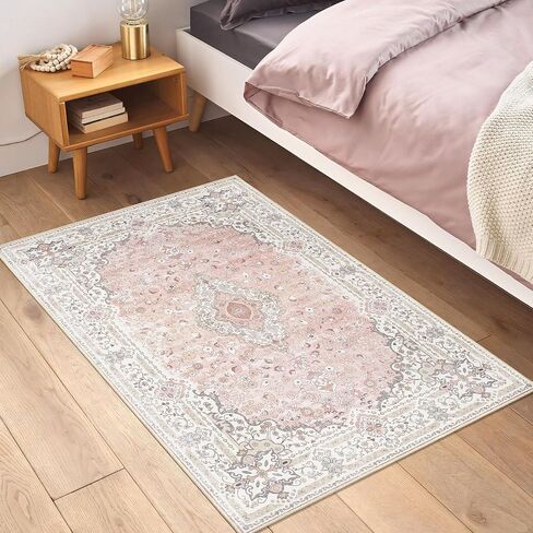 Pink Rug 3x5 for Bedroom, Washable Area Rug for Living Room Dining Room Entryway, Non Slip Vintage Boho Rug for Kitchen, Soft Low Pile Stain Resistant Floor Carpet Indoor in Saudi Arabia