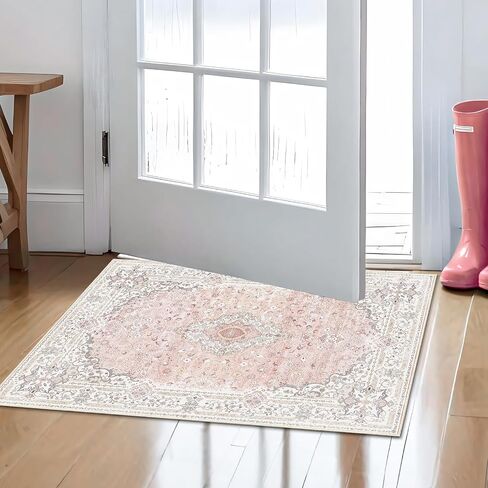 Pink Rug 3x5 for Bedroom, Washable Area Rug for Living Room Dining Room Entryway, Non Slip Vintage Boho Rug for Kitchen, Soft Low Pile Stain Resistant Floor Carpet Indoor in Saudi Arabia