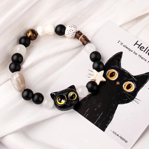 Black cat bracelet Black Cat Chain Bracelet Acrylic Cat Bracelets Beaded Stretch Bracelet Luck Star Bracelet Jewelry for Women in Saudi Arabia