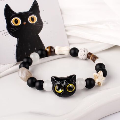 Black cat bracelet Black Cat Chain Bracelet Acrylic Cat Bracelets Beaded Stretch Bracelet Luck Star Bracelet Jewelry for Women in Saudi Arabia