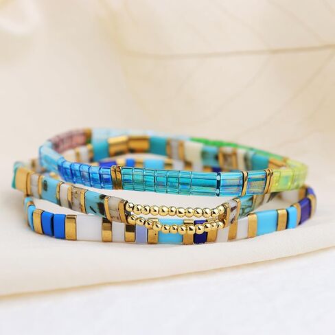Sonateomber Tila Flat Beaded Stretch Bracelets for Women, Trendy Stackable Colorful Glass Square Beads Stack Bracelet Beach Jewelry Gift in Saudi Arabia