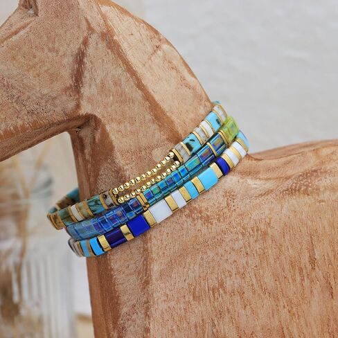 Sonateomber Tila Flat Beaded Stretch Bracelets for Women, Trendy Stackable Colorful Glass Square Beads Stack Bracelet Beach Jewelry Gift in Saudi Arabia