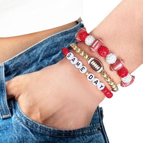 ‌Game Day Football Beaded Stretch Bracelets for Women 3-Pack, Stackable Sports Jewelry Gifts for Football Mom, Team Spirit Accessories in Saudi Arabia