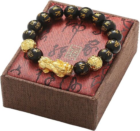 KINLNGEE Feng Shui Obsidian Bracelet, Feng Shui Wealth obsidian Bracelets with 24K Gold Plated Pixiu & Gold Plated Beads for Protection Can Bring Luck and Prosperity for Men/Women, Mantra Prayer Beads BraceletsJewelry Gifts(12mm) in Saudi Arabia