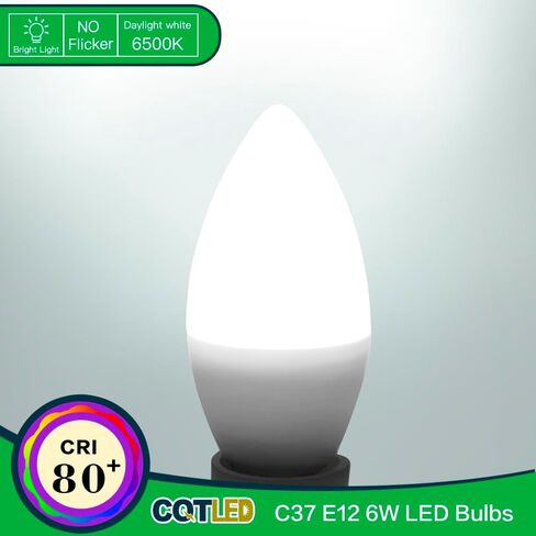 مصابيح إضاءة شمعدان LED E12، ما يعادل 60 وات، 600 لومن، 6 وات ضوء النهار الأبيض 6500 ك، لمبة إضاءة على شكل نوع B، مصابيح إضاءة بقاعدة صغيرة غير قابلة للتعتيم B11 وC37، 6 عبوات in Saudi Arabia