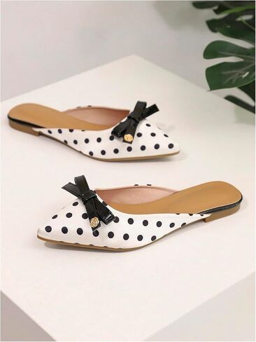 Makemechic Women's Polka Dots Bow Bow Standals Flat Pu Leather Leather أحذية أنيقة in Saudi Arabia