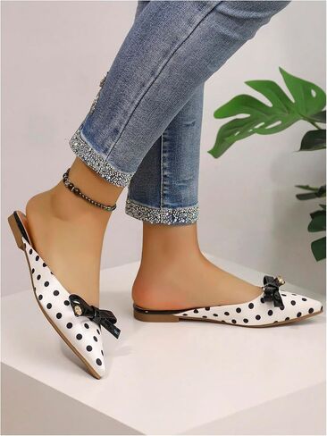 Makemechic Women's Polka Dots Bow Bow Standals Flat Pu Leather Leather أحذية أنيقة in Saudi Arabia