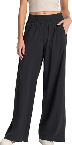 Womens Wide Leg Pants Summer Flowy Palazzo Casual High Waist Elastic Pants Beach Vacation Trousers with Pockets in Kuwait