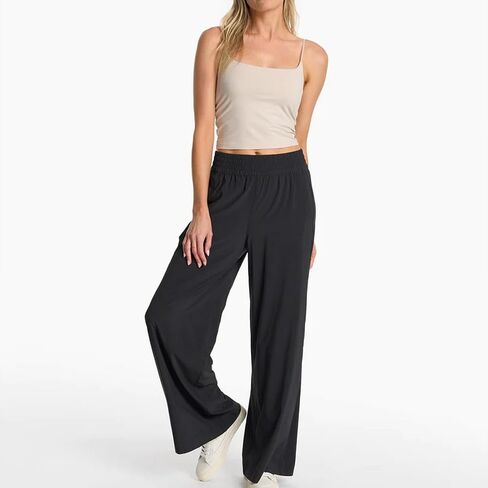 Womens Wide Leg Pants Summer Flowy Palazzo Casual High Waist Elastic Pants Beach Vacation Trousers with Pockets in Kuwait