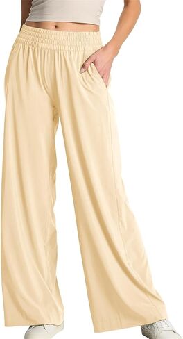Womens Wide Leg Pants Summer Flowy Palazzo Casual High Waist Elastic Pants Beach Vacation Trousers with Pockets in Kuwait