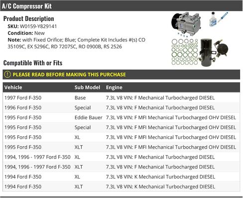 A/C Compressor Kit - Compatible with 1994-1997 Ford F-350 7.3L V8 Turbo Diesel (with Fixed Orifice, Blue) in Saudi Arabia