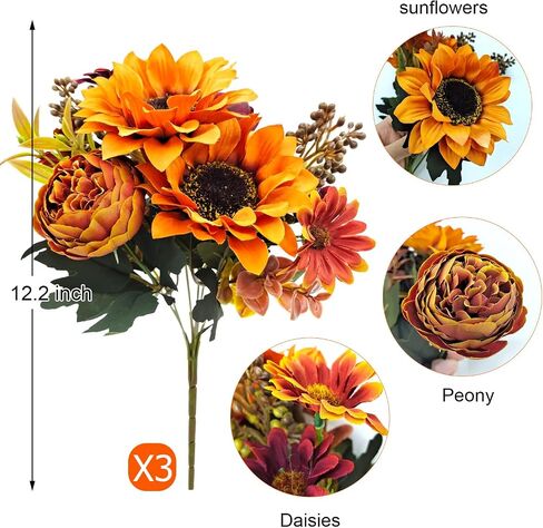 3 Pcs Fall Flowers Artificial Mums Silk Chrysanthemum Rose Daisy Bouquet Fake Mum Faux Floral Arrangements Home Indoor Outdoor Planter Decor Party Wedding Table Autumn Decoration in Kuwait