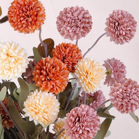 7pcs beige white faux kiku flower 25 heads+18 eucalyptus ، long stem pom pof mums flowers flowers flows for drat in Kuwait