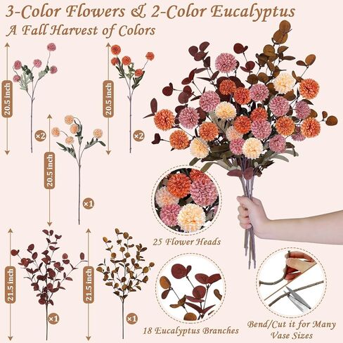 7pcs beige white faux kiku flower 25 heads+18 eucalyptus ، long stem pom pof mums flowers flowers flows for drat in Kuwait